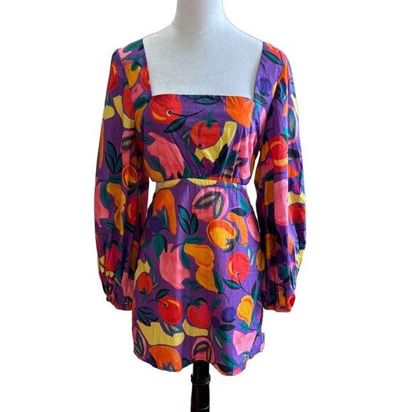 FARM Rio Long-Sleeve Poplin Colorful Open Back Puff Sleeve Mini Dress Size M NWT - Picture 3 of 14